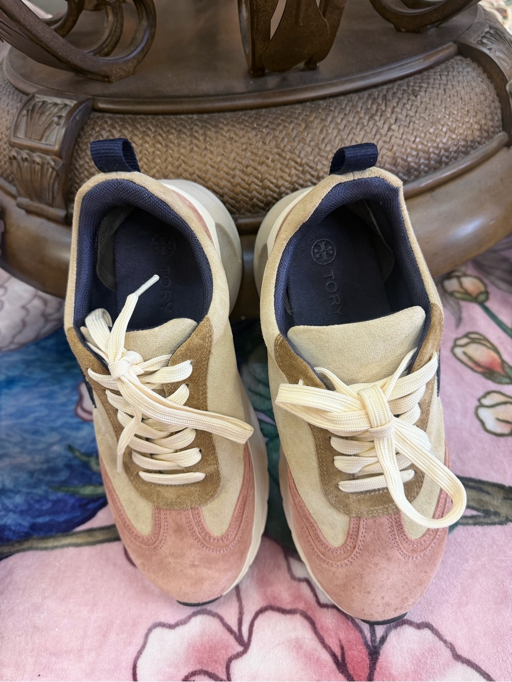 Tory Burch Suede Colorblock Athletic Sneakers in Pink, Tan & Navy